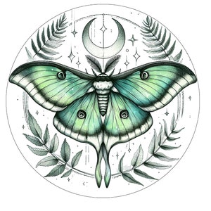 May include: A green luna moth with intricate details is surrounded by fern leaves and a crescent moon with stars. The moth's wings are spread wide, showcasing its delicate patterns and vibrant colors.