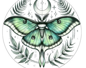 Luna Moth Tattoo Style Illustrations Set Of 2 Moths PNG Printables 9 Inch Circle With Transparent Background And 9x9 Square Print Moon Moths