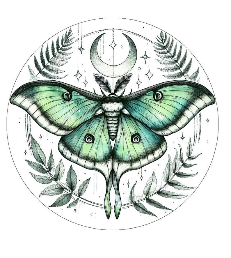 May include: A green luna moth with intricate details is surrounded by fern leaves and a crescent moon with stars. The moth's wings are spread wide, showcasing its delicate patterns and vibrant colors.