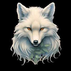 May include: A white arctic fox with orange eyes, a bushy tail, and a sprig of green leaves in its mouth. The fox is depicted in a realistic style with soft, fluffy fur.