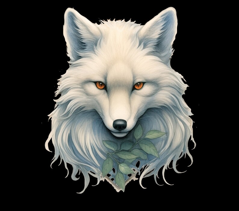 May include: A white arctic fox with orange eyes, a bushy tail, and a sprig of green leaves in its mouth. The fox is depicted in a realistic style with soft, fluffy fur.