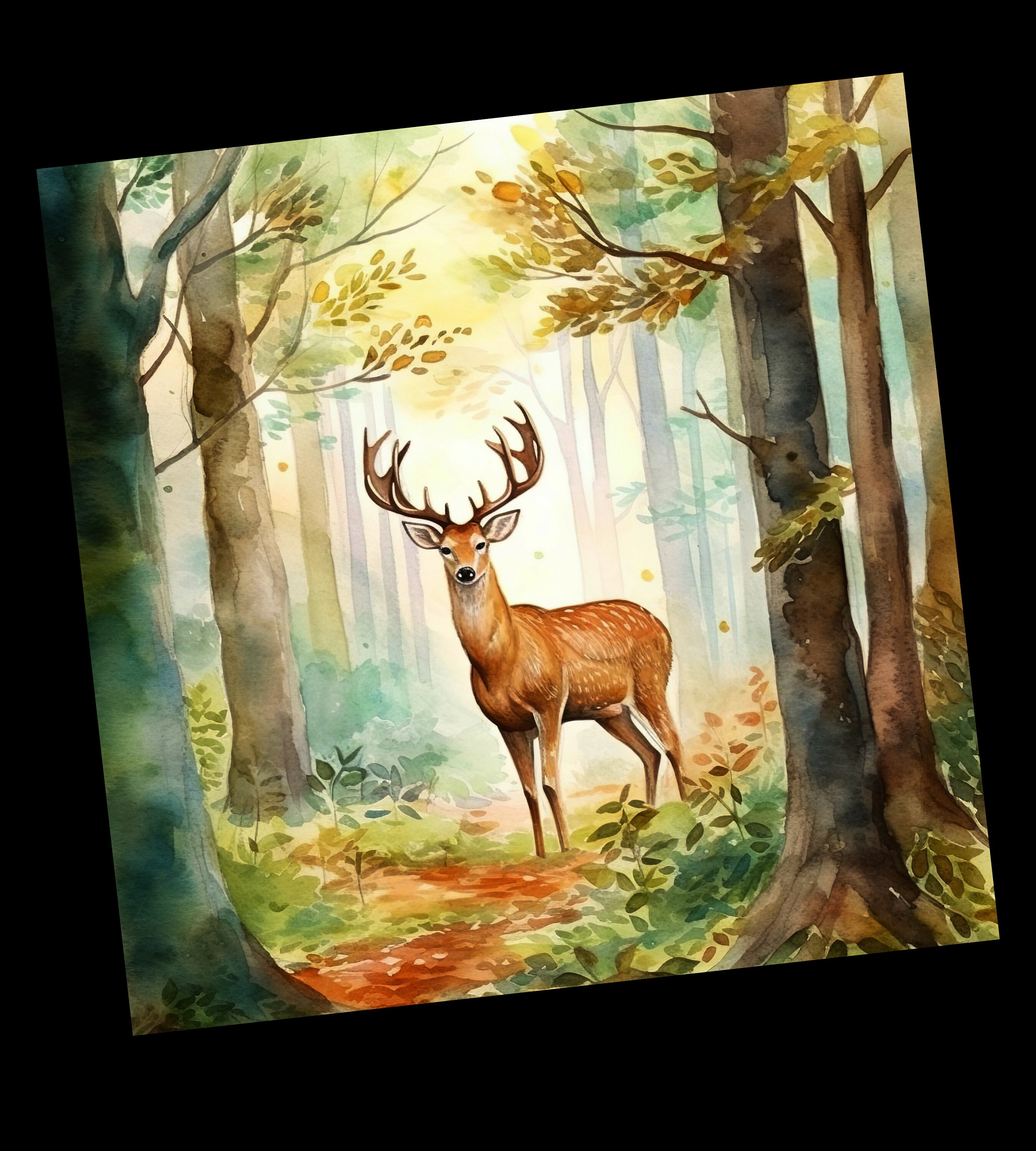 Watercolor Deer in Forest Printable PNG Nature Wall Prints Animal Art ...