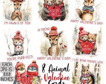 Animal Valentine Cards For Kids Set Of 8 Printable Valentine Cards 8x8 Inches Each Instant Download 300DPI Resolution With Valentine Sayings