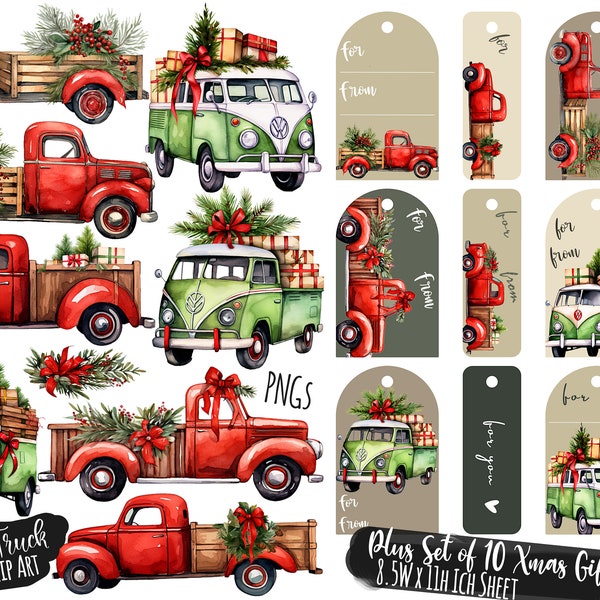 2 pour 1 vente étiquettes cadeaux de camion rouge de Noël feuille JPG imprimable plus camion rouge et camions VW Clip Art ensemble de 8 imprimables de Noël 8x8 pouces