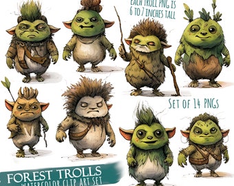 Forest Trolls Clip Art Set Of 14 Funny Troll PNGs Printable Forest Creatures Each Troll 6-7 Inches Tall Plus 9WX12H Inch Trolls Nature Print