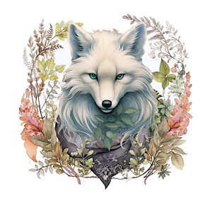 May include: A white fox with blue eyes is surrounded by a wreath of green and pink flowers. The fox is wearing a dark gray bandana with a floral pattern.