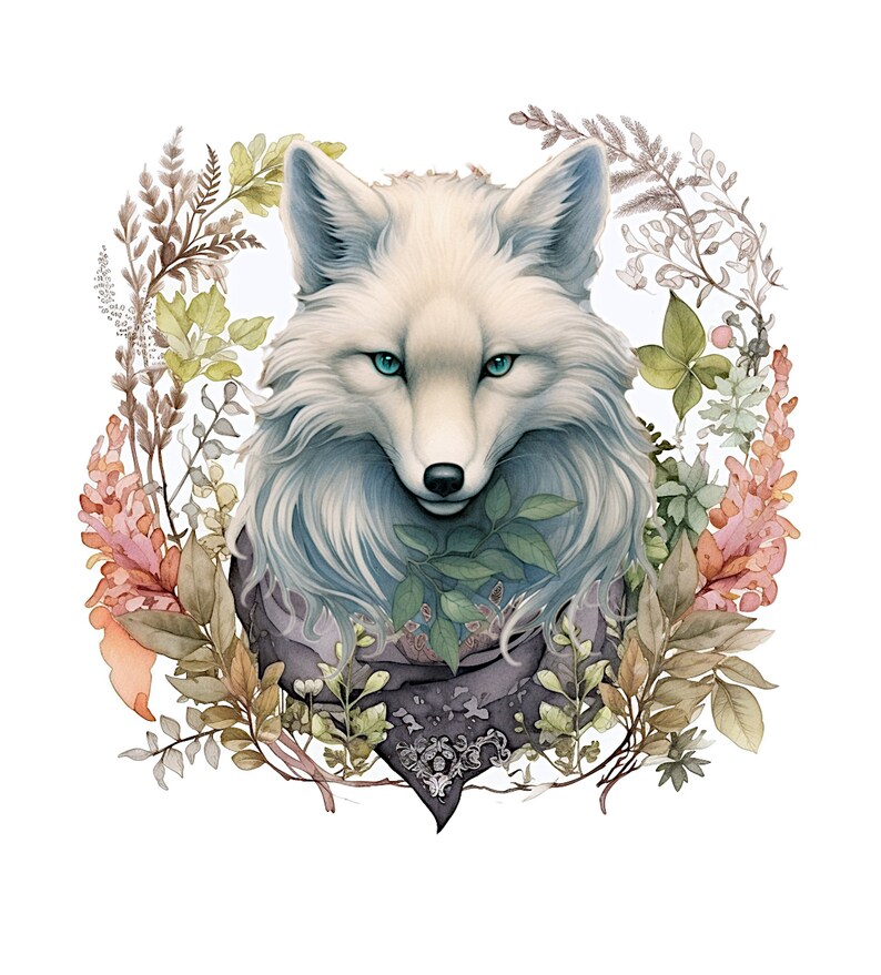 May include: A white fox with blue eyes is surrounded by a wreath of green and pink flowers. The fox is wearing a dark gray bandana with a floral pattern.