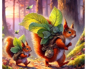 Forest Creatures Squirrels In The Fairy Realm Gathering Medicinal Forest Plants Set Of 2 Prints 12x12 Inch 300Dpi Fairy Wall Art Blank Cards