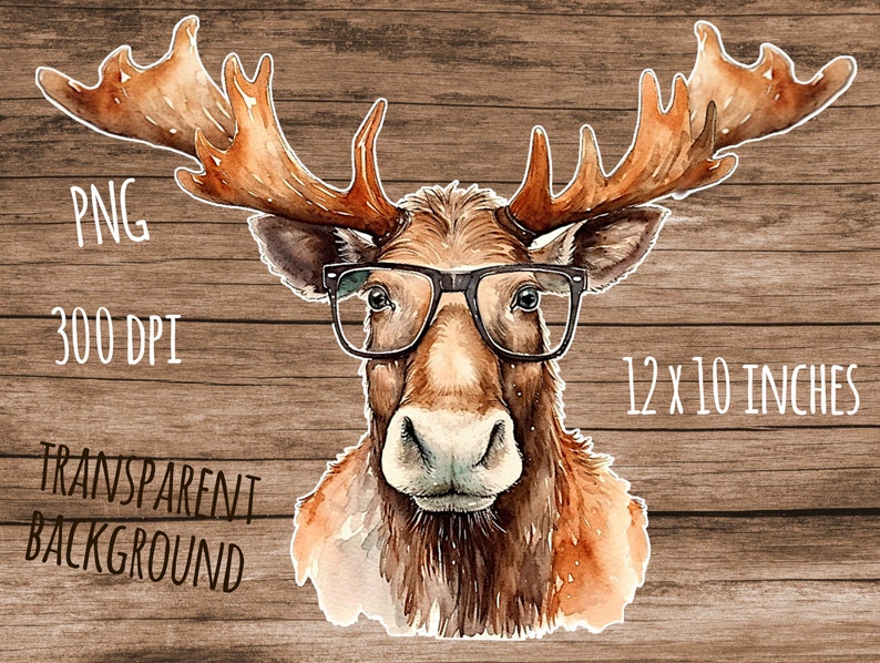 Moose Wearing Glasses PNG Printable Watercolor Animal Print To Download 12x12 Inch 300Dpi Resolution Transparent Background Funny Moose Art image 3