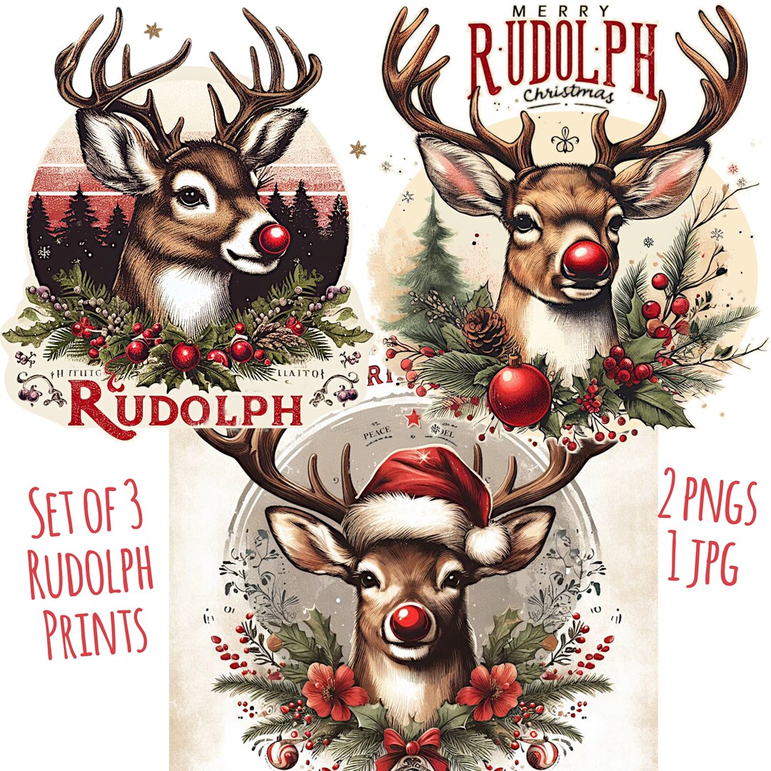 Christmas Reindeer Printables Set of 3 Pngs Vintage Style Rudolph the ...