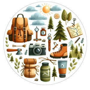 Arte al aire libre con temática de senderismo, PNG y 1 diseño repetido. Conjunto de 4 imprimibles para actividades al aire libre. Gráficos divertidos para excursionistas. Impresiones en JPG y PNG con 1 patrón sin costuras.