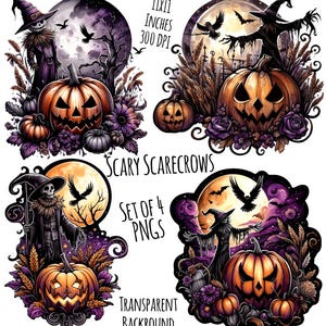 Spooky Vogelscheuchen 4er Set Halloween PNG Printables Kürbis Patch Vogelscheuche Skelette Fledermäuse Und Vollmond Digitale Illustrationen Sub Art Gruselig