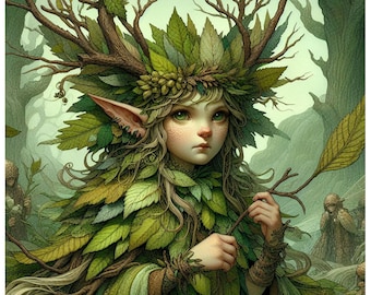 Forest Creature Fae In A Crown Of Leaves And Woodland Plants Printable JPG Fairy Wall Decor 12x12 Inch Prints Download Cards And Sticker Art