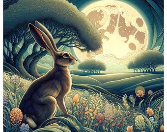 Hare In The Meadow Moonlight Digital Printable Rabbit Art To Download Nature Prints To 12x12 Inches 300Dpi Hare Art Nouveau Style Wall Decor