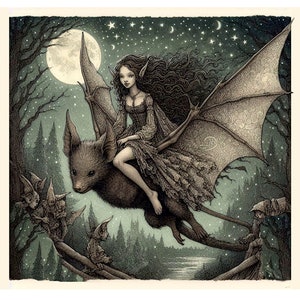 Witch Riding A Bat Goblin Fairy With Bat Digital Illustration PNG Printable Wall Art ...
