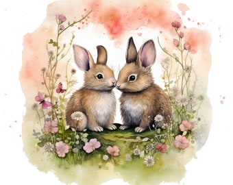 Bunny Couple In Wildflower Heart Border Cute Easter Bunnies Printable Blank Card Art Easter Wall Decor To Download 12x12 Inch Spring Sub Art