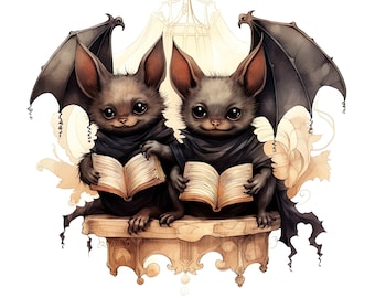 Reading Bats Digital Illustration PNG Animal Printable Spooky Cute Gothic Style Bat Prints To Download 12Wx12H Inches 300DPI Res Bat Graphic