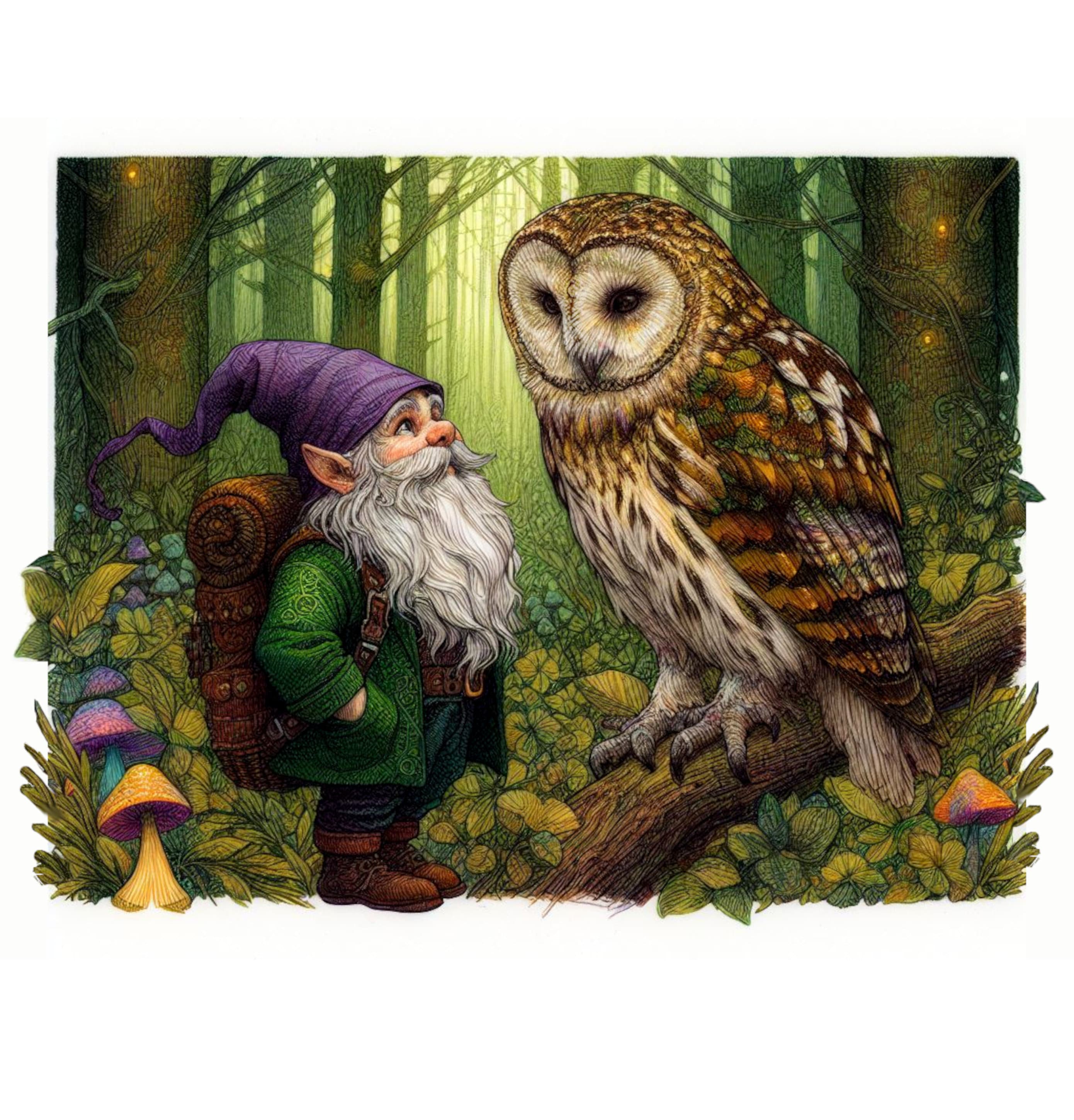 Barn Owl And Forest Gnome Digital Illustration JPG Printable 13WX10H Inch Forest Creatures Wall Art 