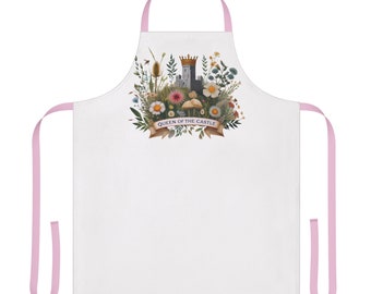 Makers Canvas Apron Queen of the Castle Saying With Medieval Castle In Wildflowers Design Color Choice 'For Canvas Straps Washable PolyTwill