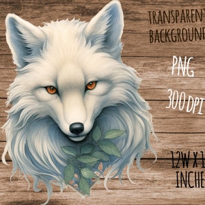 May include: A white arctic fox with blue-grey fur and orange eyes, looking directly at the viewer. The fox is holding a sprig of green leaves in its mouth. The background is a woodgrain texture.