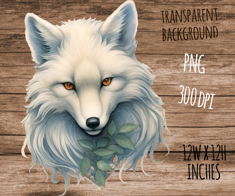 May include: A white arctic fox with blue-grey fur and orange eyes, looking directly at the viewer. The fox is holding a sprig of green leaves in its mouth. The background is a woodgrain texture.