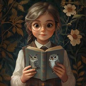 Puede incluir: Una niña joven con cabello castaño y gafas redondas está leyendo un libro con ilustraciones de búhos. El libro tiene una cubierta azul con detalles dorados. La niña lleva un chaleco de cuadros marrones y blancos.