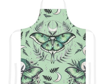 Makers Canvas Apron Moon Moth Nature Design Foliage Moon And Stars Choice of 3 Colors For Straps Poly-Twill Canvas Fabric All-Over Art Print