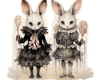 Rabbits Gothic Halloween Costume Digital Illustration Clear Back PNG Animal Printable Spooky Girl Wall Decor Adorable Bunny Print 12x12 Inch