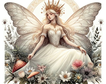 May include: A fairy with large, white butterfly wings sits on a bed of flowers and mushrooms. She wears a white gown with lace detailing and a gold crown.