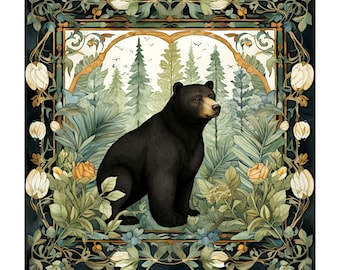 Bear In The Woods PNG Printable Art Nouveau Style Woodland Animal Print To Download 12x12 Inch 300 Dpi Resolution Black Bear In Wildflowers