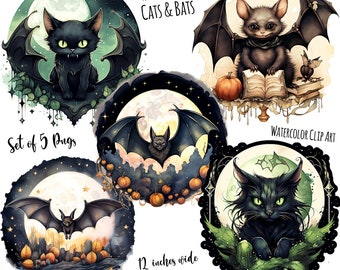 Halloween Sale Bat And Cat PNG Graphics Set Of 5 Bats And Black Cats With Pumpkins Moon & Stars 300dpi 12x12 Inch Spooky Cute Printables Set