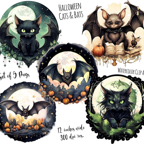 Halloween Sale Bat And Cat PNG Graphics Set Of 5 Bats And Black Cats With Pumpkins Moon & Stars 300dpi 12x12 Inch Spooky Cute Printables Set