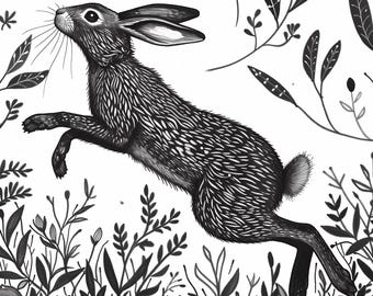 Folk Art Rabbit Prints Png Hares Black And White Printable Linocut Style Wall Decor Set Of 2 Woodland Hare Designs 4200 Pixels High Or 10x13