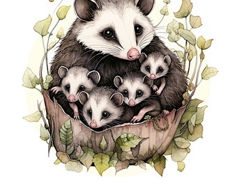 Possum Mom With Baby Oppossum PNG Woodland Baby Animals Digital Illustration Forest Animal Printables Sticker Printable Card For Mom 10x10
