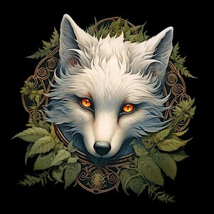 May include: A white fox with orange eyes is surrounded by green leaves and gold vines. The fox's fur is fluffy and detailed, and the background is black.