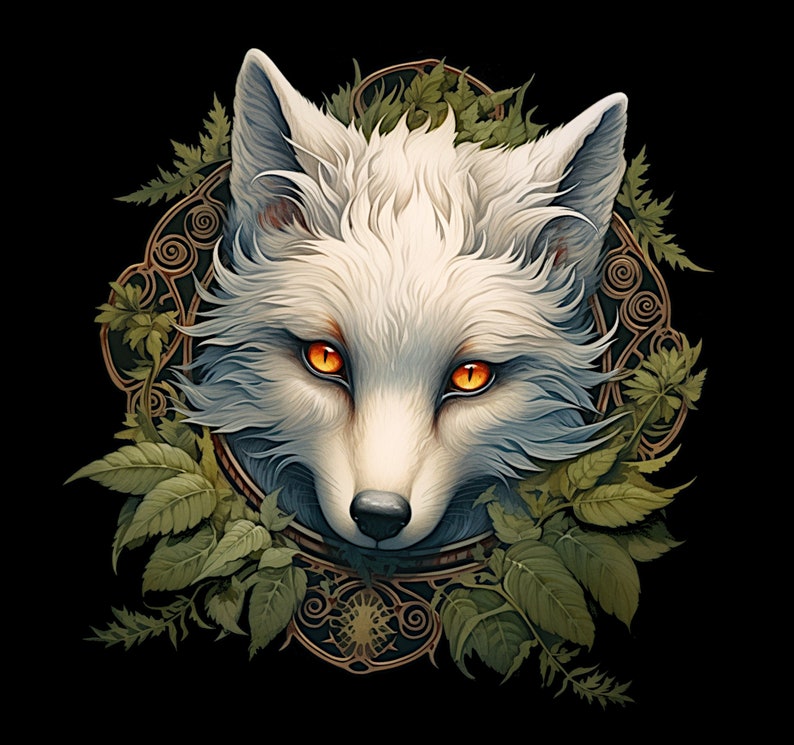 May include: A white fox with orange eyes is surrounded by green leaves and gold vines. The fox's fur is fluffy and detailed, and the background is black.