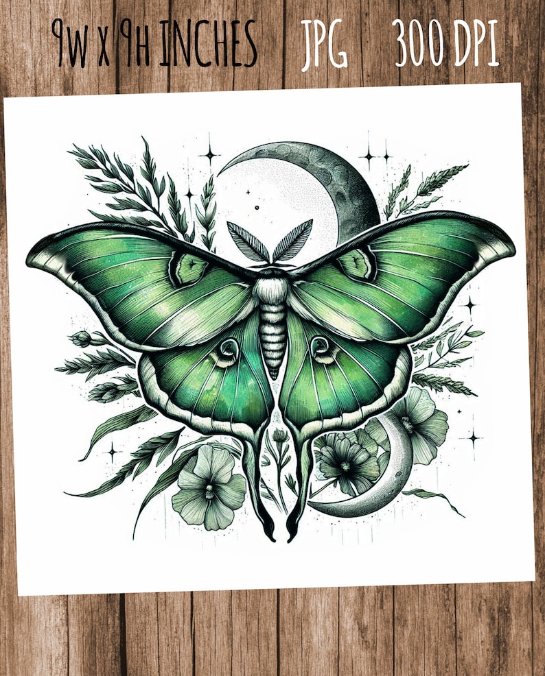 May include: A green luna moth with a crescent moon and white flowers. The moth is surrounded by green foliage and stars.