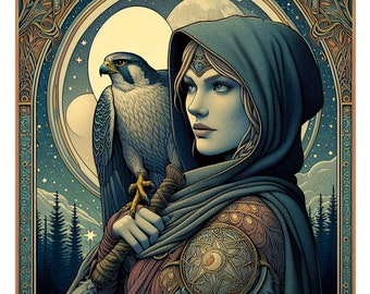 Mystical Warrior Girl Princess With Peregrine Falcon Digital Illustration Fantasy Art To Download 12 Inches Length 300Dpi Beautiful Wall Art