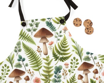 Makers Canvas Apron Forest Mushrooms Botanicals Print With Ferns And Pink Wildflowers Two Button Canvas Straps In Black Washable Poly-Twill