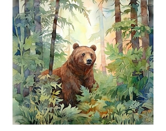 Watercolor Brown Bear Art Print, Forest Illustration (Digital Download)