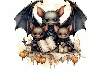 Family Of Bats Reading Together PNG Gothic Spooky Cute Halloween Bats Printable Clear Background Sublimation Design Bat Card For Halloween