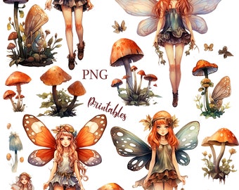 Woodland Fairies Collage Sheets Printable Fairy PNGs Set Of Three Pixie Fae Each 11 x 8 Inch Digital Fairy Prints With Mushrooms Sticker Art