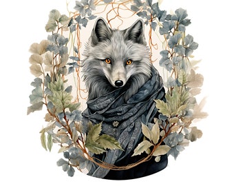 Mystic Silver Fox In Woodland Border Printable PNG With Clear Background Animal Prints 12W X 12H Fox Art To Download Mystical Illustration