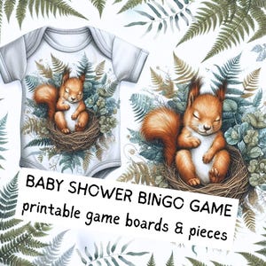 Juegos de baby shower con temática de bosque, bingo para baby shower, juegos de fiesta imprimibles, juego de actividades para baby shower, juegos de mesa con piezas incluidas