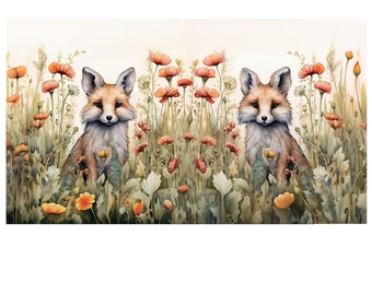 Fox Art Printable Foxes In Wildflower Field Cute Woodland Animal Print Watercolor Red Foxes Digital Illustration Nursery Wall Decor Download
