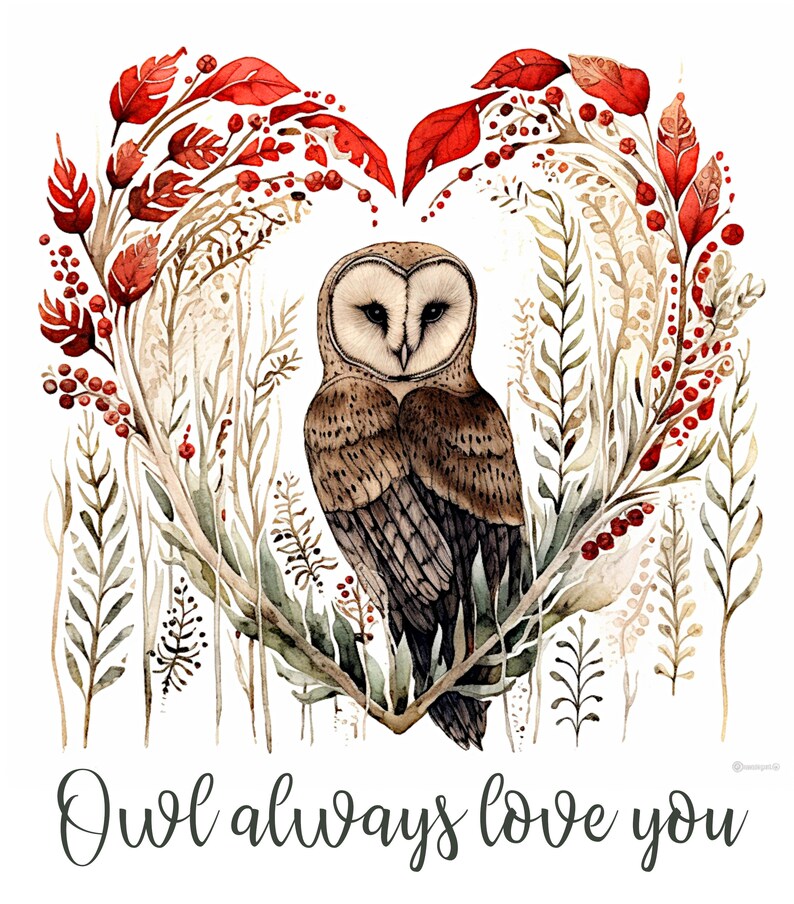 Wild Heart Woodland Owl Print Barn Owl Wildlife Digital Illustration Valentine Printable JPG 12x12 Inch 300Dpi Nature Prints Art To Download image 2