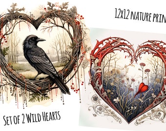 Dark Romance Wild Heart Printables Raven Or Crow Heart 12x12 PNG With Wild Plants Heart 12x12 JPG Unique Valentine Nature Prints To Download