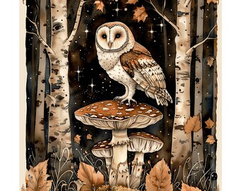 Búho de otoño imprimible JPG Lechuza común sobre un hongo Abeduls Impresión de criatura del bosque otoñal 8x11 pulgadas 300 dpi Ilustración digital de búho del bosque