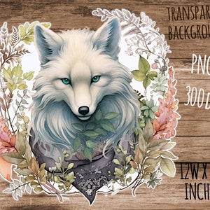 May include: A white wolf with blue eyes is surrounded by a wreath of watercolor flowers and leaves. The wolf is wearing a dark gray scarf with a floral pattern. The image has a transparent background.