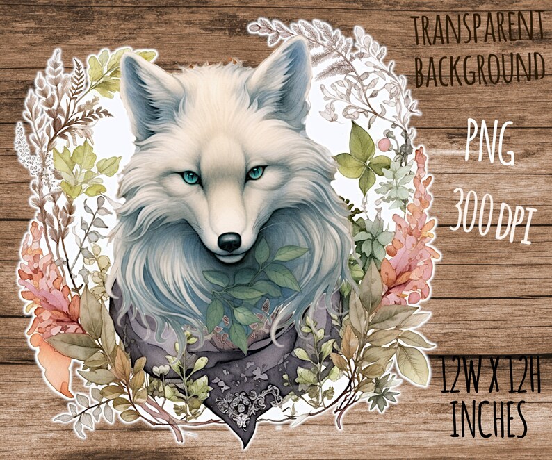 May include: A white wolf with blue eyes is surrounded by a wreath of watercolor flowers and leaves. The wolf is wearing a dark gray scarf with a floral pattern. The image has a transparent background.
